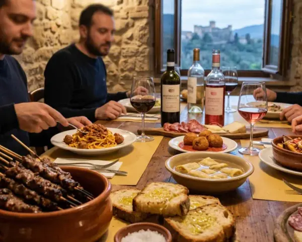 Un gruppo di amici gusta la gastronomia abruzzese: arrosticini, pasta al ragù, fritti e pesce.