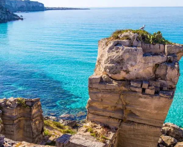 Scogliera rocciosa con mare cristallino, un gabbiano osserva il panorama. Il mare più bello della Sicilia, un'oasi di pace.