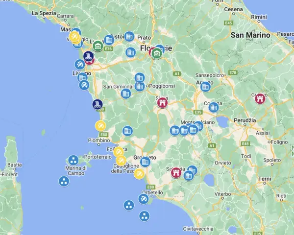Mappa delle città toscane con icone per attrazioni, hotel e ristoranti. Si vedono Firenze, Pisa, Livorno e altre località.