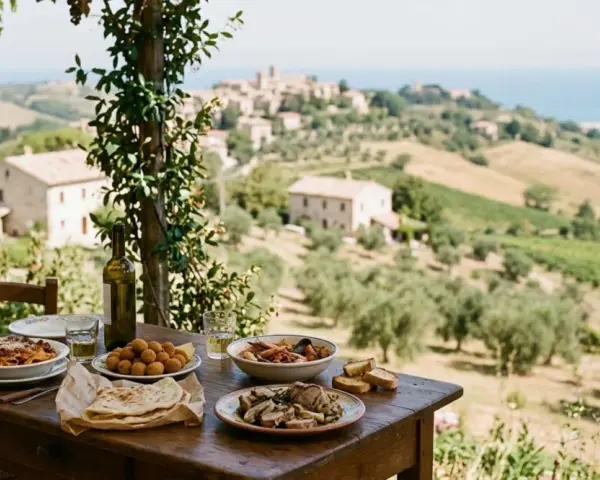 Un pranzo all'aperto nelle Marche: pasta, arrosti, fritti e pesce con vista su colline e borghi.