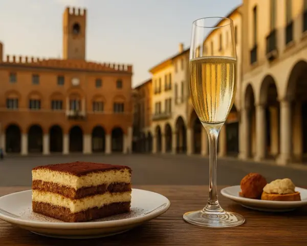 Un delizioso tiramisù e un bicchiere di spumante, perfetti per scoprire cosa mangiare a Treviso, con la piazza sullo sfondo.