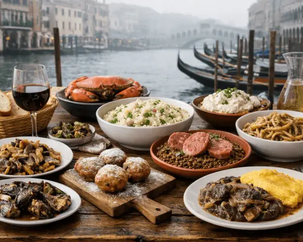 Un banchetto veneziano: granchio, riso, pasta, polenta e dolci, con gondole sullo sfondo. Ecco cosa mangiare a Venezia per un'esperienza indimenticabile.