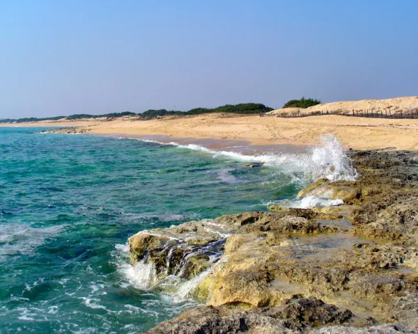 Onde cristalline del mar Ionio in Puglia si infrangono su scogli dorati, con una spiaggia sabbiosa e dune sullo sfondo.