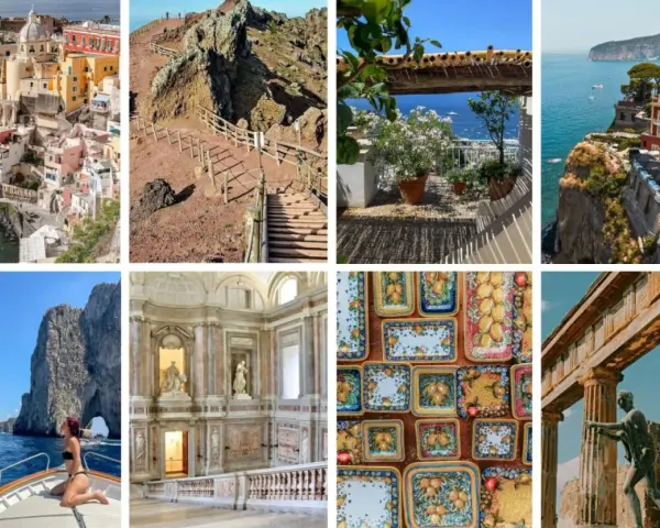 Un collage di immagini che cattura la bellezza di Napoli e dintorni: Procida colorata, sentieri del Vesuvio, panorami costieri, Capri, interni di palazzi storici, ceramiche e rovine antiche.