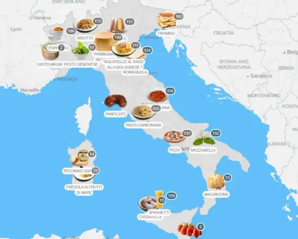 Mappa interattiva che mostra cosa mangiare in Italia: da nord a sud, assapora risotto, pasta alla bolognese, pizza, mozzarella e molto altro.