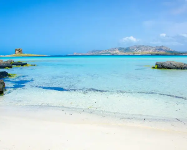 Spiagge di Alghero con torre antica su isolotto e acque cristalline turchesi.
