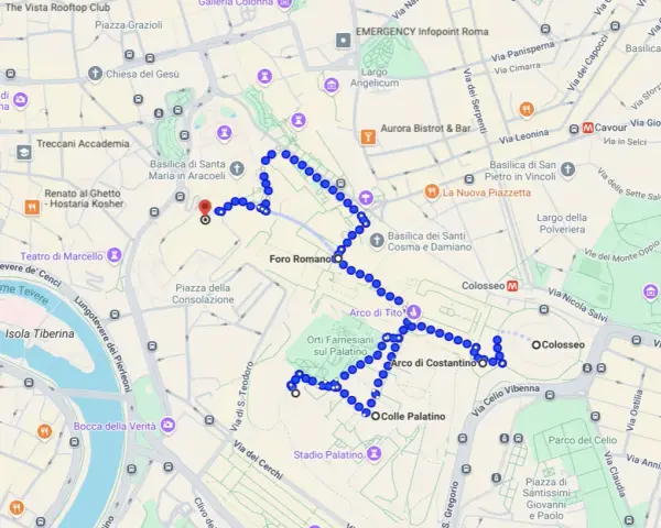 Un itinerario Roma a piedi mappa che mostra un percorso tra il Foro Romano, il Colosseo e il Palatino.