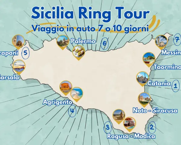 Mappa del tour della Sicilia: scopri i migliori posti da visitare in Sicilia in auto, da Trapani a Siracusa, passando per Palermo e Taormina.