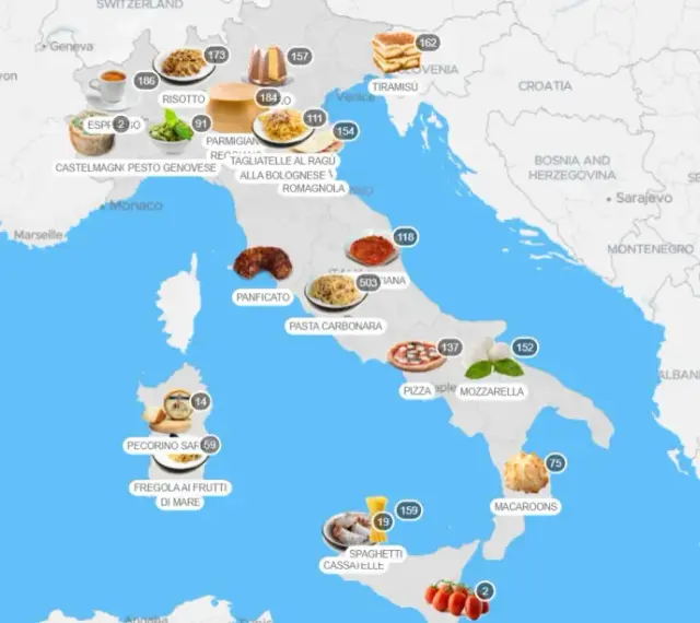 Mappa interattiva che mostra cosa mangiare in Italia: da nord a sud, assapora risotto, pasta alla bolognese, pizza, mozzarella e molto altro.