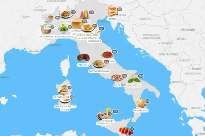 Mappa interattiva che mostra cosa mangiare in Italia: da nord a sud, assapora risotto, pasta alla bolognese, pizza, mozzarella e molto altro.