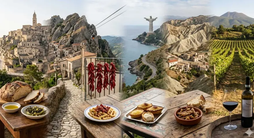 Paesaggi mozzafiato della Basilicata con scorci di borghi antichi, il Cristo Redentore, vigneti e tavole imbandite con piatti tipici Basilicata: pane, olio, verdure, pasta e dolci.