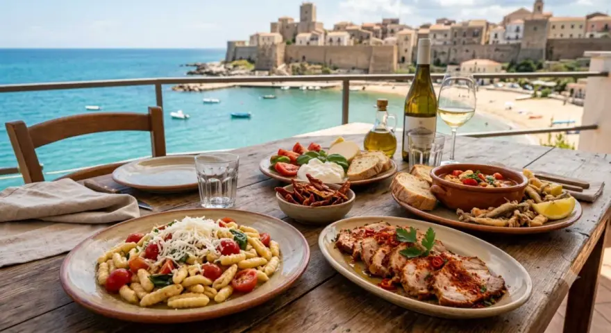 Un banchetto di piatti tipici molisani con vista sul mare: pasta, arrosto, pesce fritto e vino bianco.