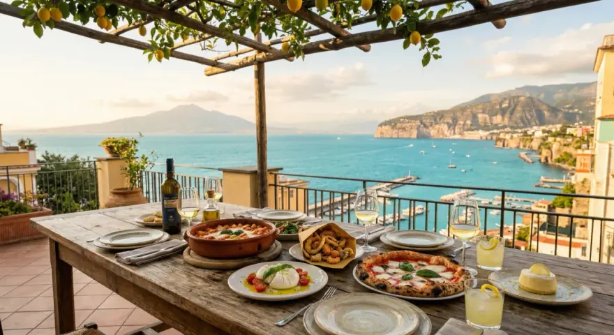 Un tavolo apparecchiato con piatti tipici sorrento, pizza, frittura e burrata, con vista sul golfo.