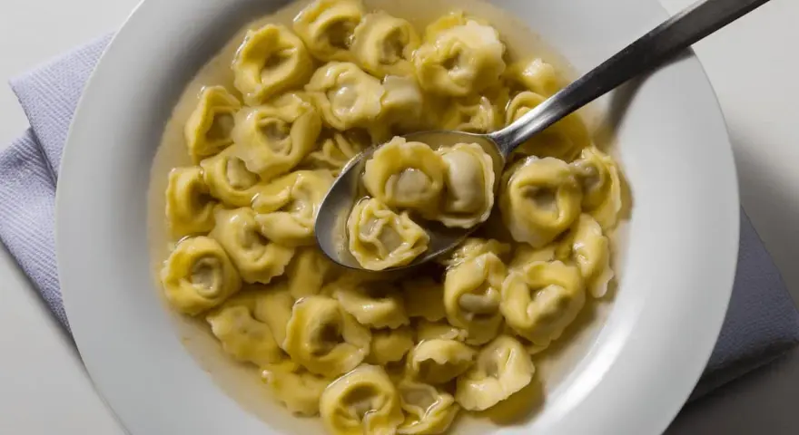 Tortellini in brodo, uno dei piatti tipici di Ravenna, serviti in una ciotola bianca con un cucchiaio.