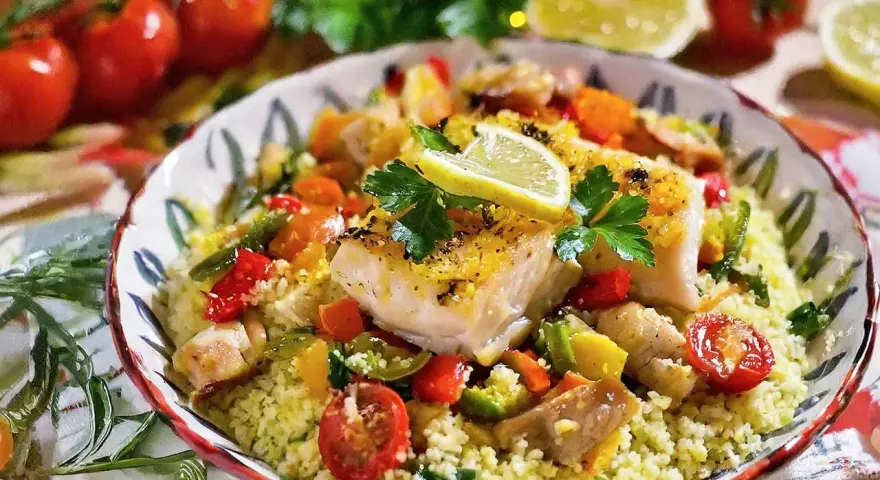 Piatto di pesce con verdure e couscous, un assaggio dei piatti tipici di Lampedusa.