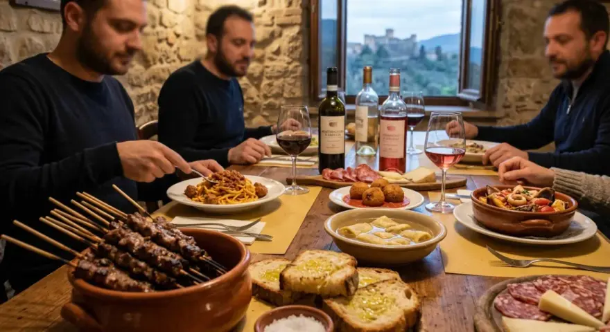 Un gruppo di amici gusta la gastronomia abruzzese: arrosticini, pasta al ragù, fritti e pesce.
