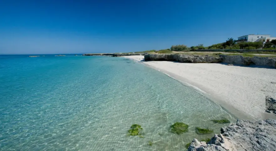 Spiaggia bianca e mare cristallino in Puglia, con rocce e vegetazione. Un angolo di paradiso per godersi il sole e il **mare** della **Puglia**.