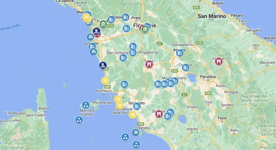 Mappa delle città toscane con icone per attrazioni, hotel e ristoranti. Si vedono Firenze, Pisa, Livorno e altre località.