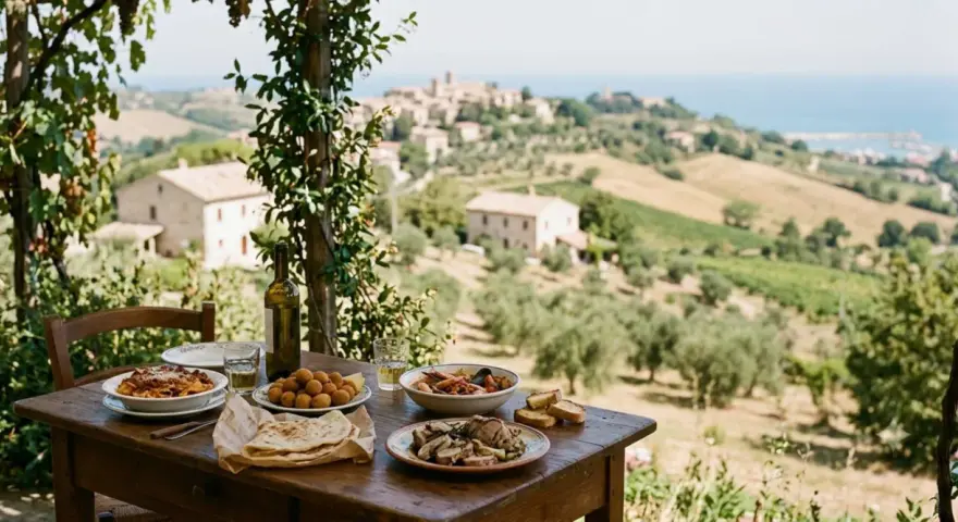 Un pranzo all'aperto nelle Marche: pasta, arrosti, fritti e pesce con vista su colline e borghi.