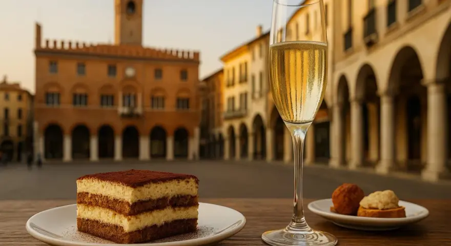 Un delizioso tiramisù e un bicchiere di spumante, perfetti per scoprire cosa mangiare a Treviso, con la piazza sullo sfondo.
