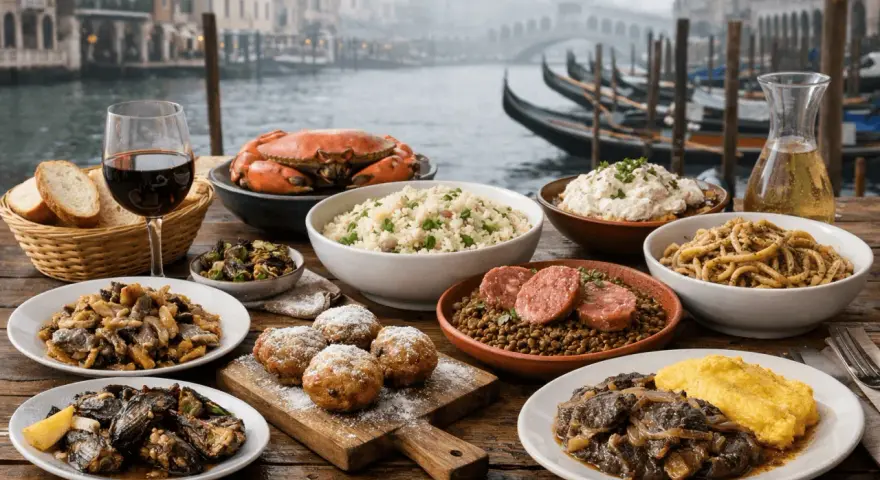 Un banchetto veneziano: granchio, riso, pasta, polenta e dolci, con gondole sullo sfondo. Ecco cosa mangiare a Venezia per un'esperienza indimenticabile.