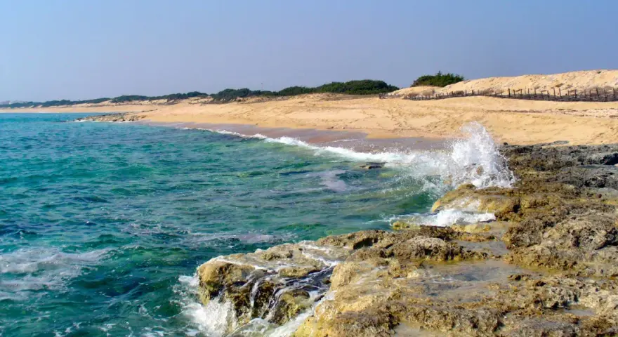 Onde cristalline del mar Ionio in Puglia si infrangono su scogli dorati, con una spiaggia sabbiosa e dune sullo sfondo.