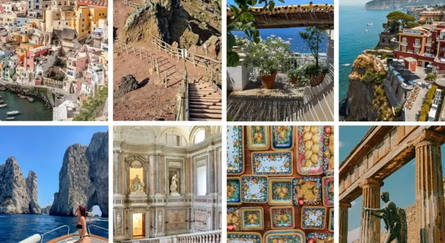 Un collage di immagini che cattura la bellezza di Napoli e dintorni: Procida colorata, sentieri del Vesuvio, panorami costieri, Capri, interni di palazzi storici, ceramiche e rovine antiche.