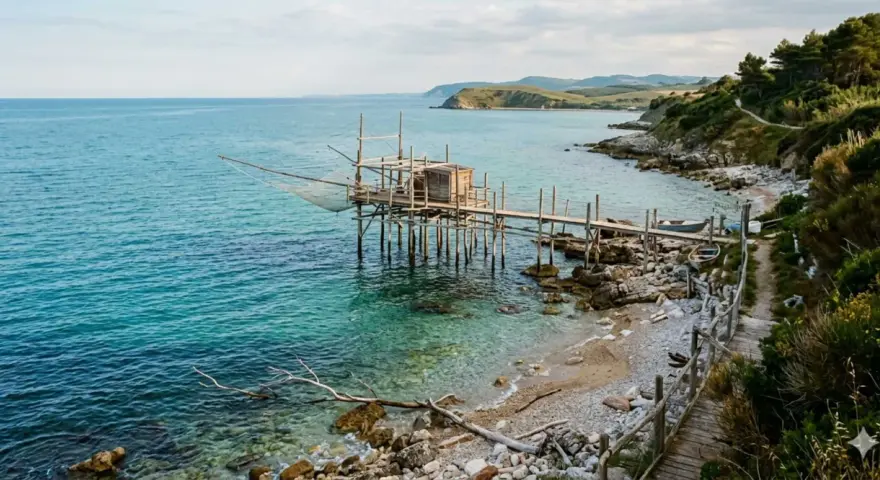 Trabocco tradizionale sulle spiagge dell'Abruzzo, con il mare turchese e la costa rocciosa.
