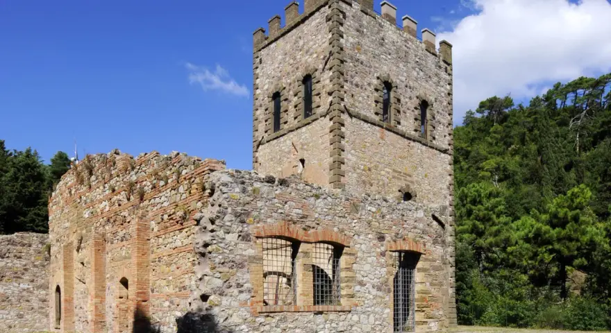 Rovine di un castello con torre merlata a Montecatini Val di Cecina, un luogo suggestivo da esplorare.