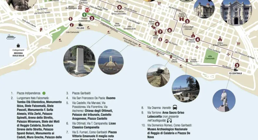 Mappa turistica di Reggio Calabria: cosa vedere a Reggio Calabria in un giorno, tra monumenti, piazze e il lungomare.