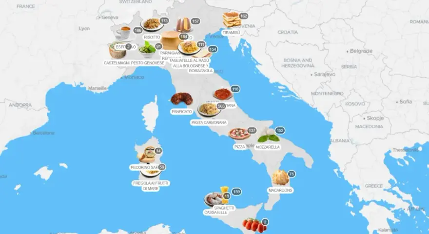 Mappa interattiva che mostra cosa mangiare in Italia: da nord a sud, assapora risotto, pasta alla bolognese, pizza, mozzarella e molto altro.