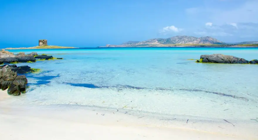 Spiagge di Alghero con torre antica su isolotto e acque cristalline turchesi.