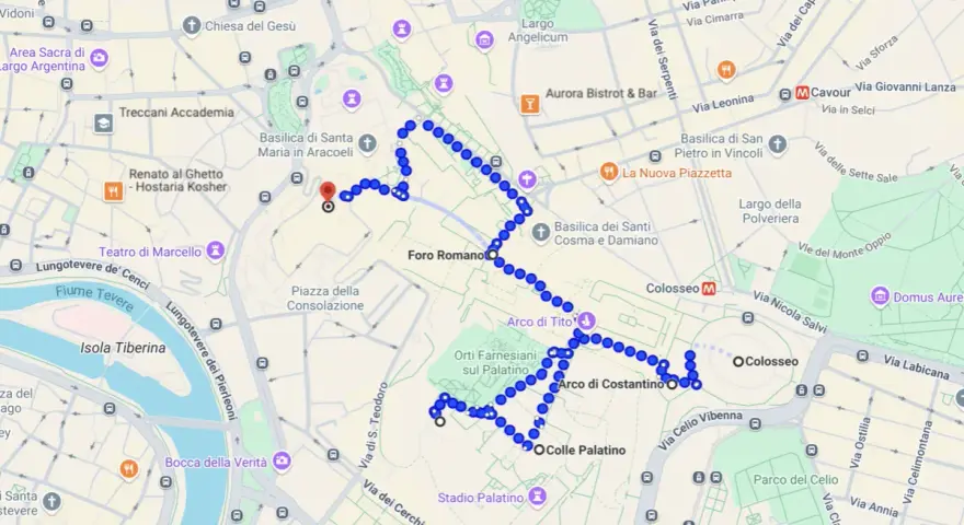 Un itinerario Roma a piedi mappa che mostra un percorso tra il Foro Romano, il Colosseo e il Palatino.