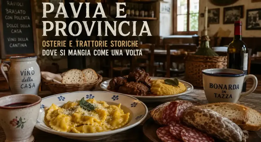 Ravioli, brasato con polenta e salumi: ecco alcuni piatti tipici di Pavia e provincia, serviti in un'osteria tradizionale.