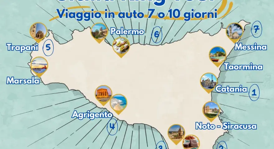 Mappa del tour della Sicilia: scopri i migliori posti da visitare in Sicilia in auto, da Trapani a Siracusa, passando per Palermo e Taormina.