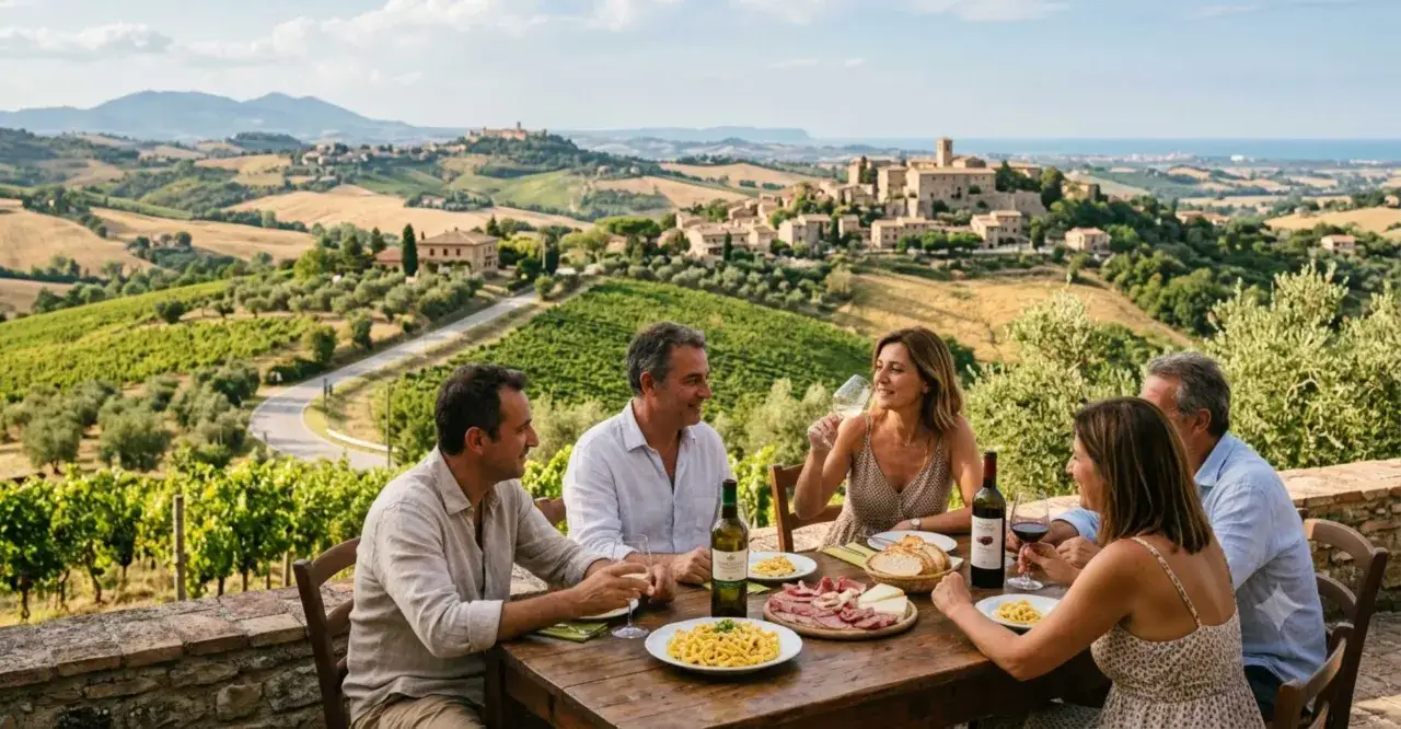 Un gruppo di amici gusta pasta e salumi con vino, ammirando il paesaggio collinare delle Marche. Ecco cosa mangiare nelle Marche!