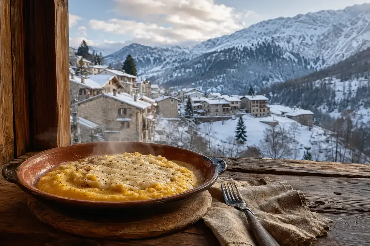 Polenta fumante con formaggio e vista su un villaggio innevato. Perfetto per sapere dove andare a gennaio in Italia per un'esperienza calda e gustosa.
