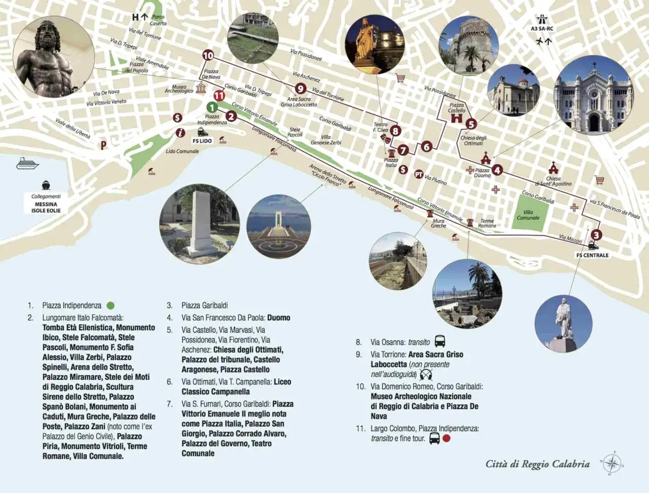 Mappa turistica di Reggio Calabria: scopri cosa vedere a Reggio Calabria in un giorno, tra monumenti, piazze e il lungomare.