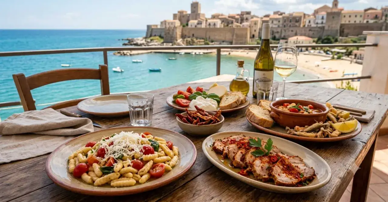 Un tavolo con vista mare, imbandito con gustosi piatti tipici molisani: pasta, arrosto, pesce fritto e contorni freschi, accompagnati da vino bianco.