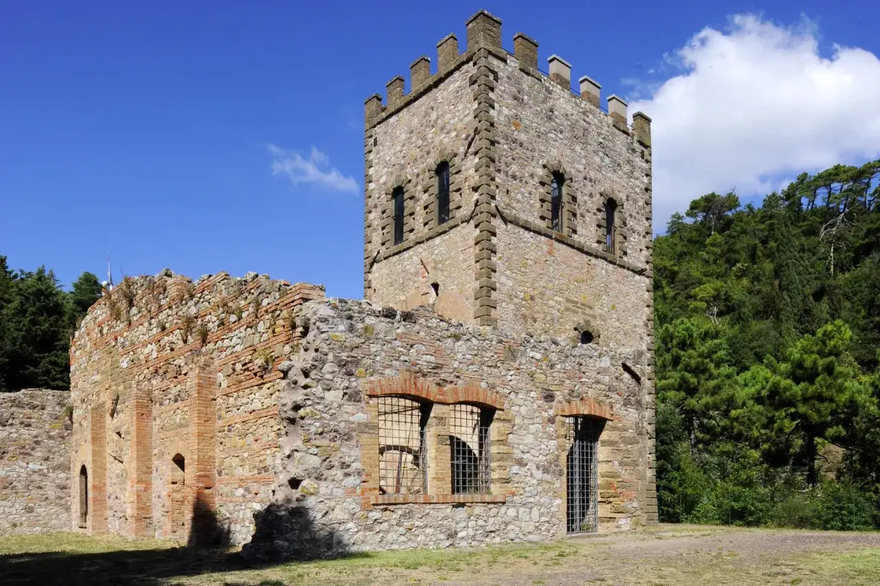 Rovine di un castello medievale con torre merlata, un luogo da scoprire a Montecatini Val di Cecina.