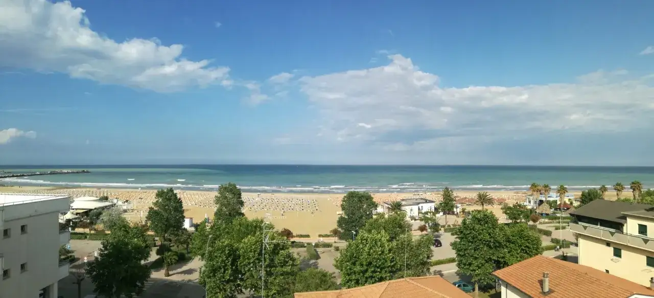 Vista mare dal hotel Settibi Giulianova: spiaggia attrezzata, mare azzurro e cielo con nuvole bianche.