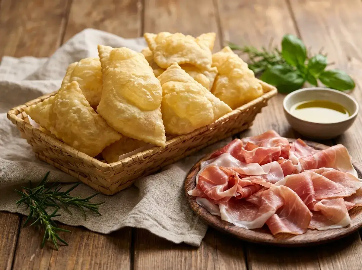Ecco cosa mangiare a Parma: gnocco fritto dorato in cestino, affettato di prosciutto crudo su piatto, olio d'oliva e erbe aromatiche.