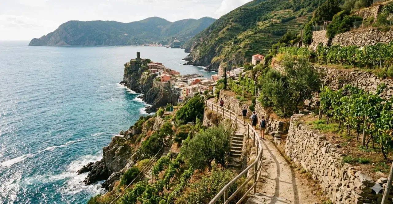 Sentiero panoramico con vigneti terrazzati e vista su Riomaggiore. Cosa vedere: il borgo colorato a picco sul mare e la torre.