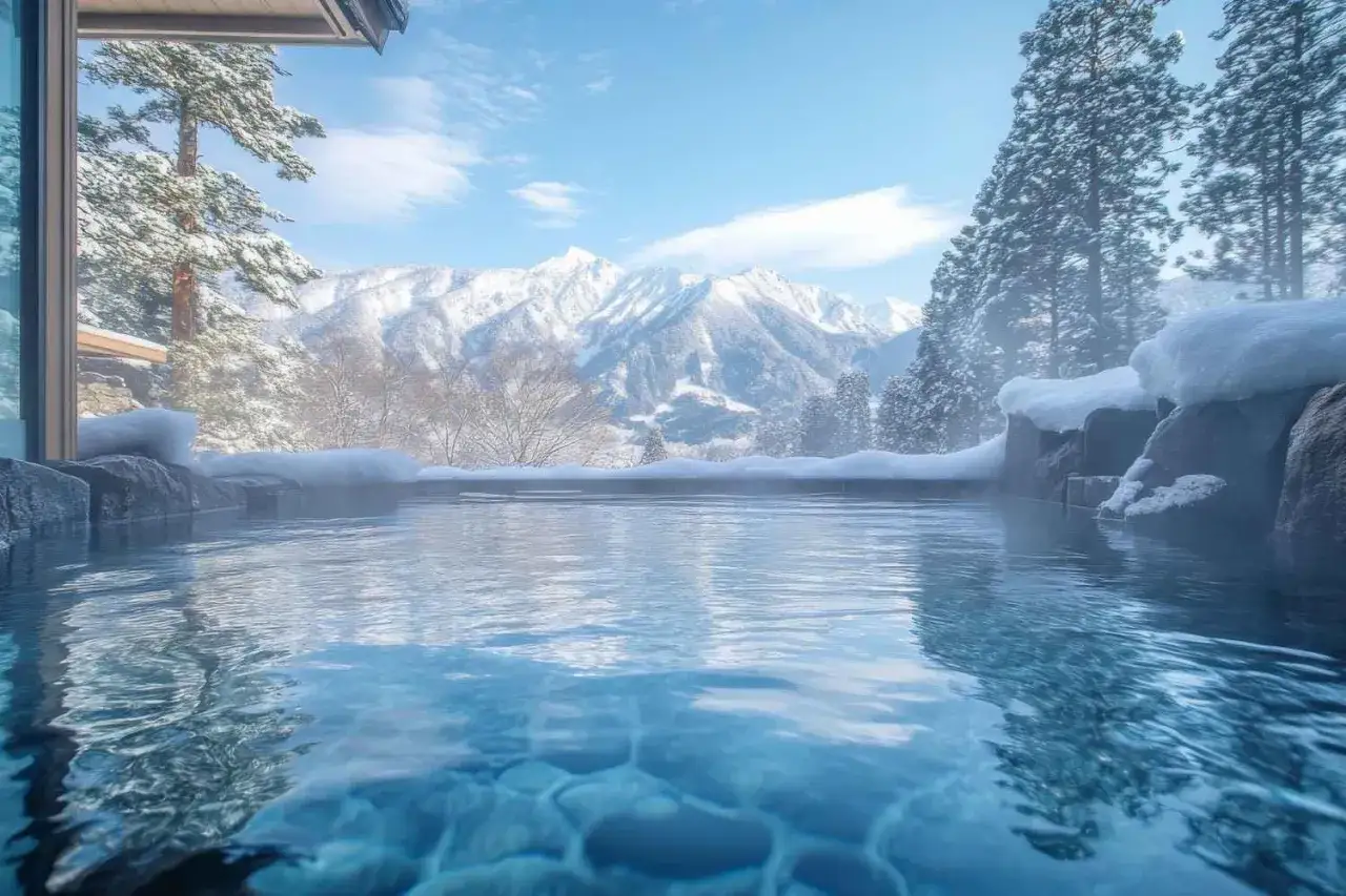 Piscina termale con vista su montagne innevate, un sogno di terme Italia inverno.