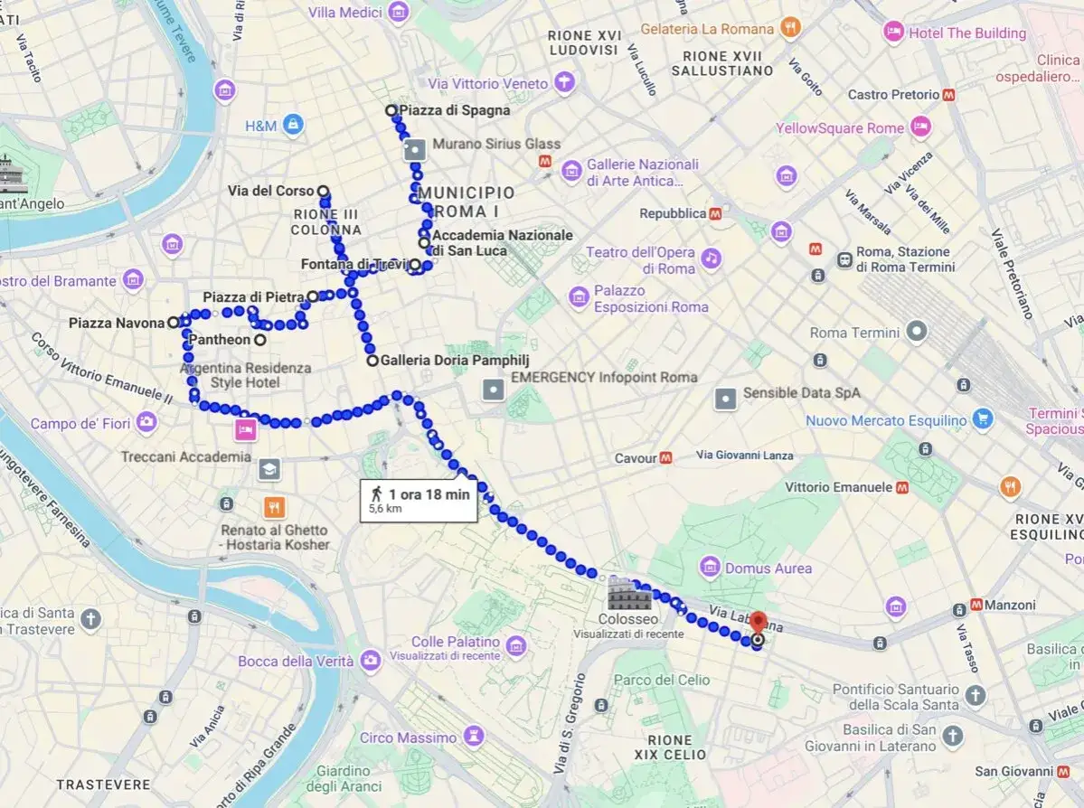 Un itinerario Roma a piedi mappa che mostra un percorso di 5,6 km, 1 ora e 18 minuti, passando per Piazza di Spagna, Fontana di Trevi, Pantheon e Colosseo.