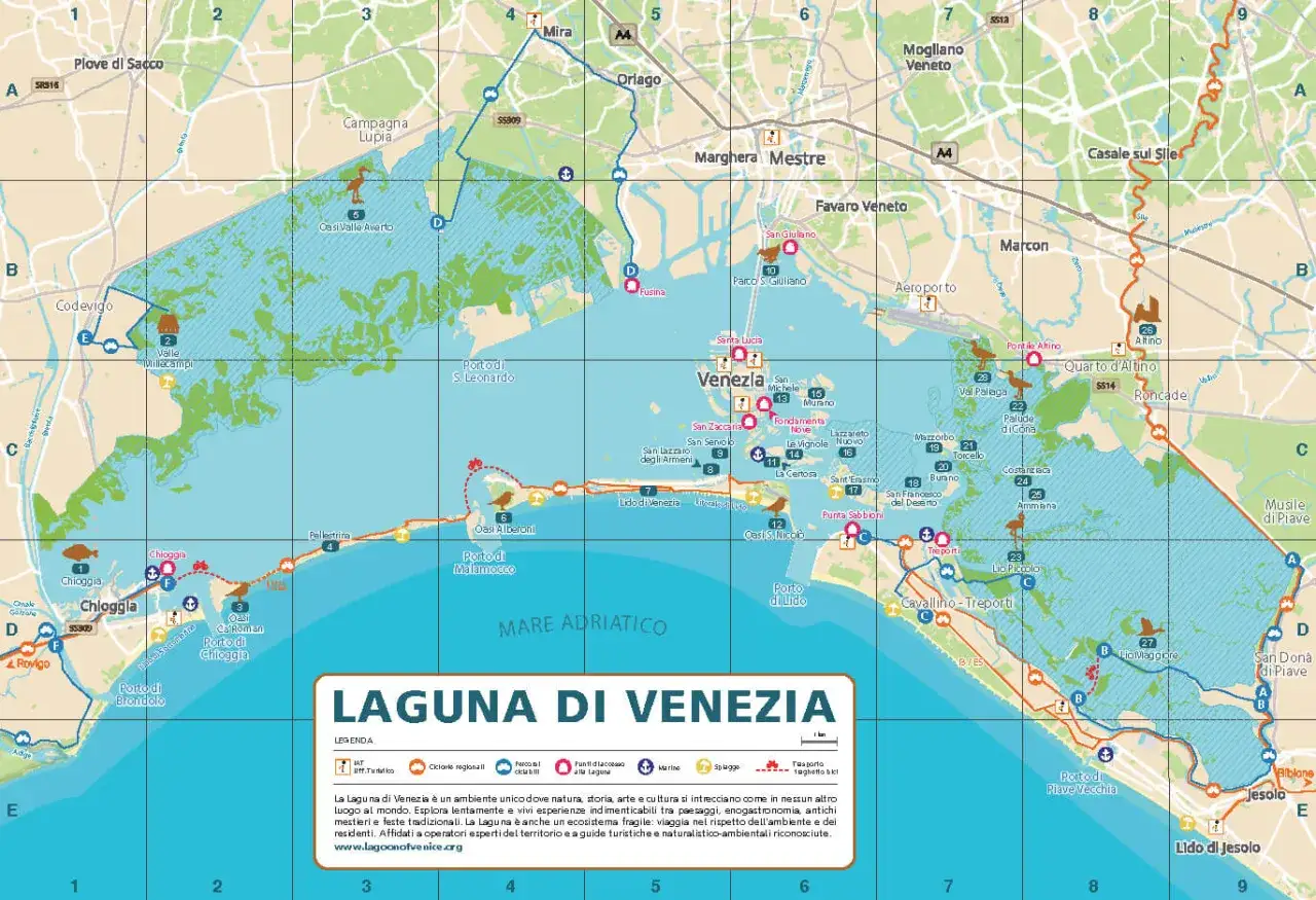 Mappa della Laguna di Venezia, ideale per scoprire cosa vedere a Venezia in 3 giorni, tra isole, ciclovie e oasi naturali.