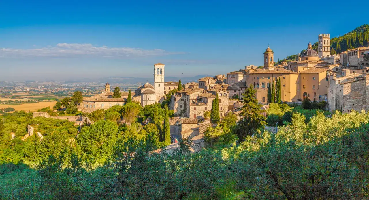 Panoramica di Assisi, con le sue chiese e case in pietra che si stagliano sul verde degli ulivi. Un paesaggio che ricorda la bellezza di Gubbio.