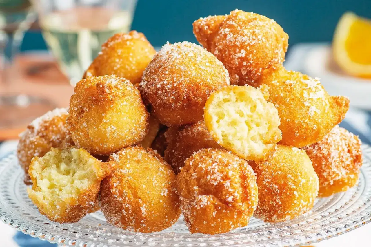 Frittelle dolci cosparse di zucchero, un classico di cosa si mangia a Carnevale in Italia. Morbide dentro, croccanti fuori.