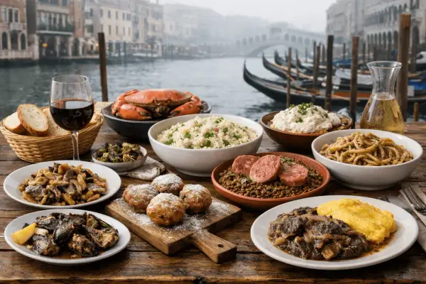Un banchetto veneziano: granchio, riso, pasta, polenta e dolci, con gondole sullo sfondo. Ecco cosa mangiare a Venezia per un'esperienza indimenticabile.